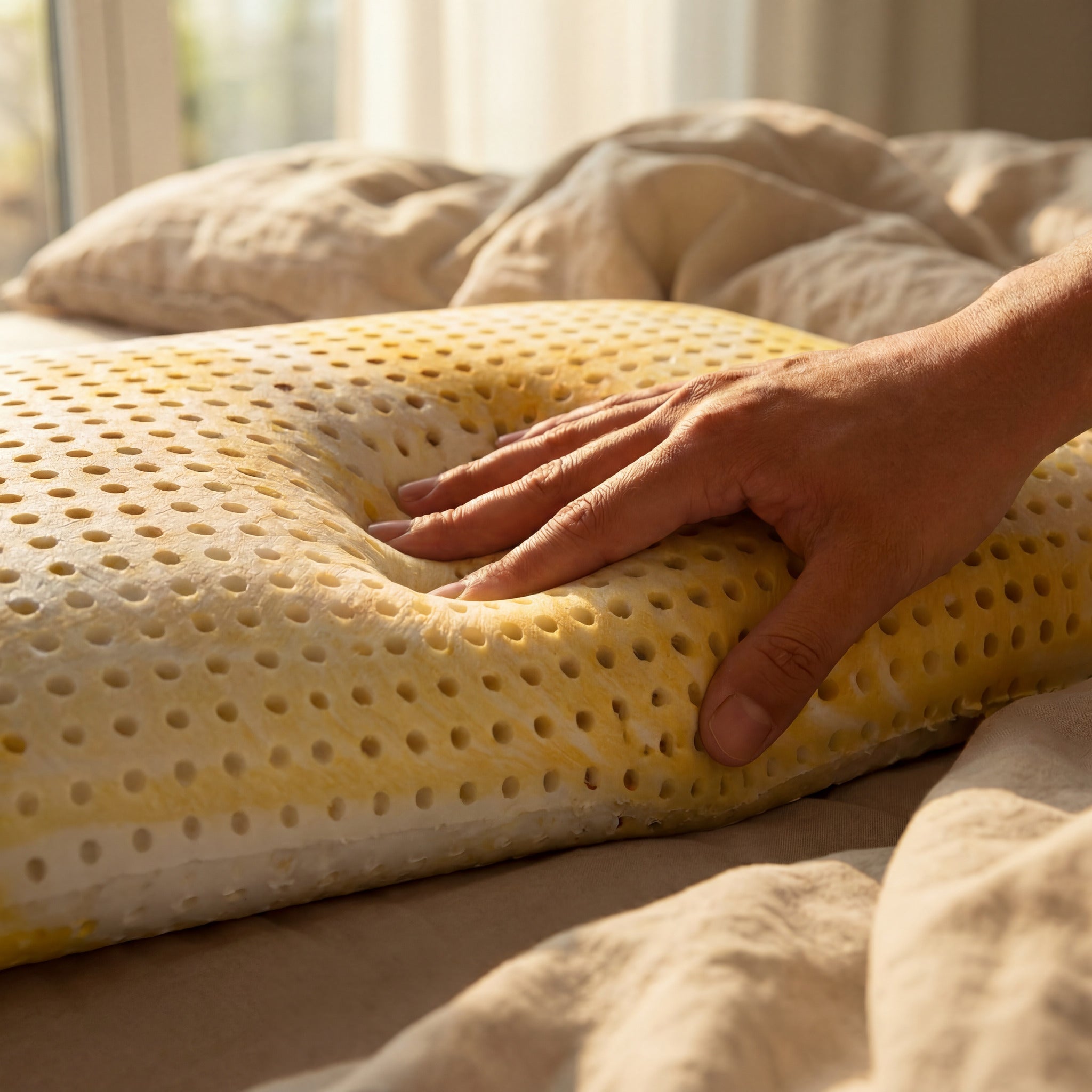 Hand-Drucktest auf gelbem Schlafzauberkissen Chromatherapie – sofortige Rückstellung