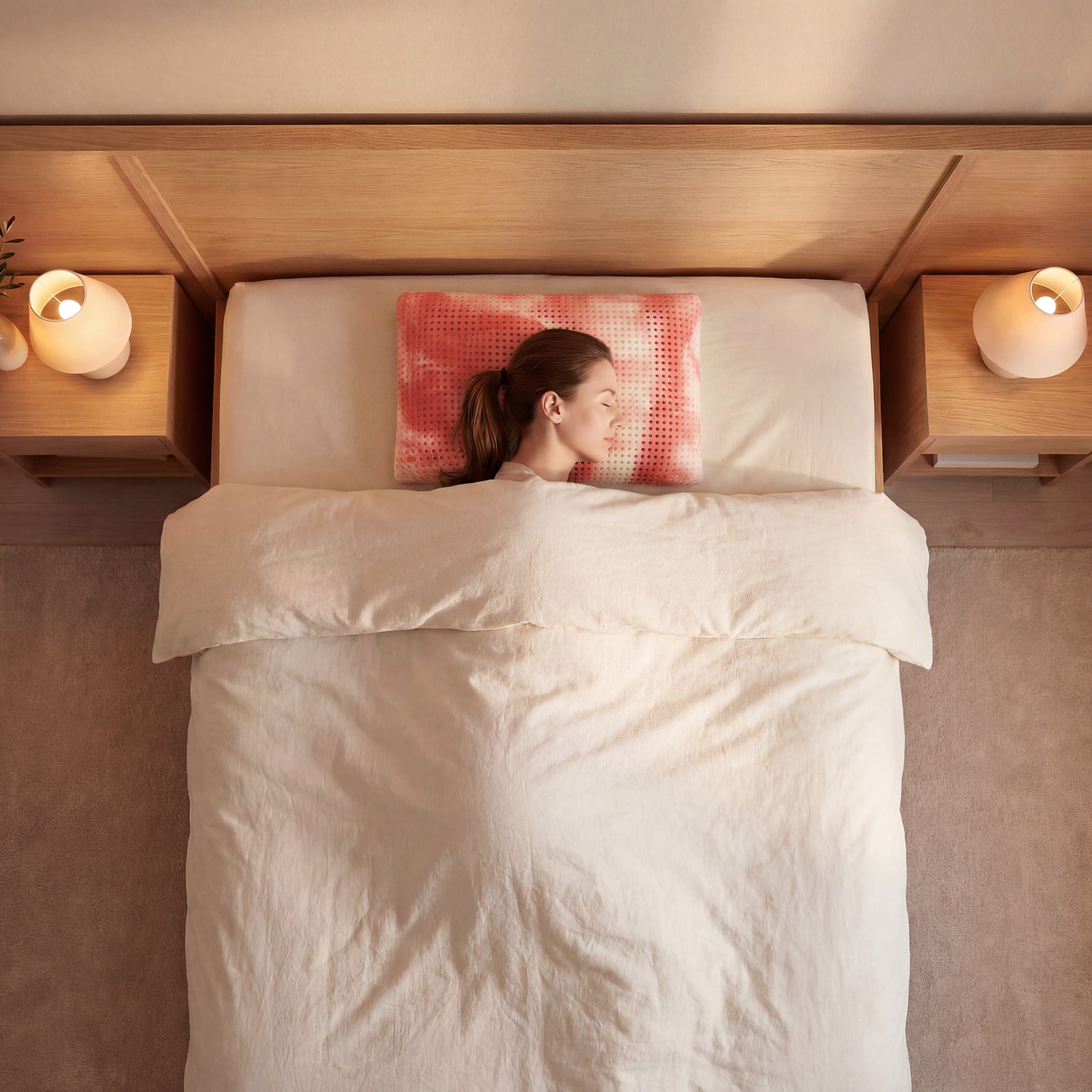 Rotes Schlafzauberkissen Chromatherapie im gemachten Bett, Draufsicht