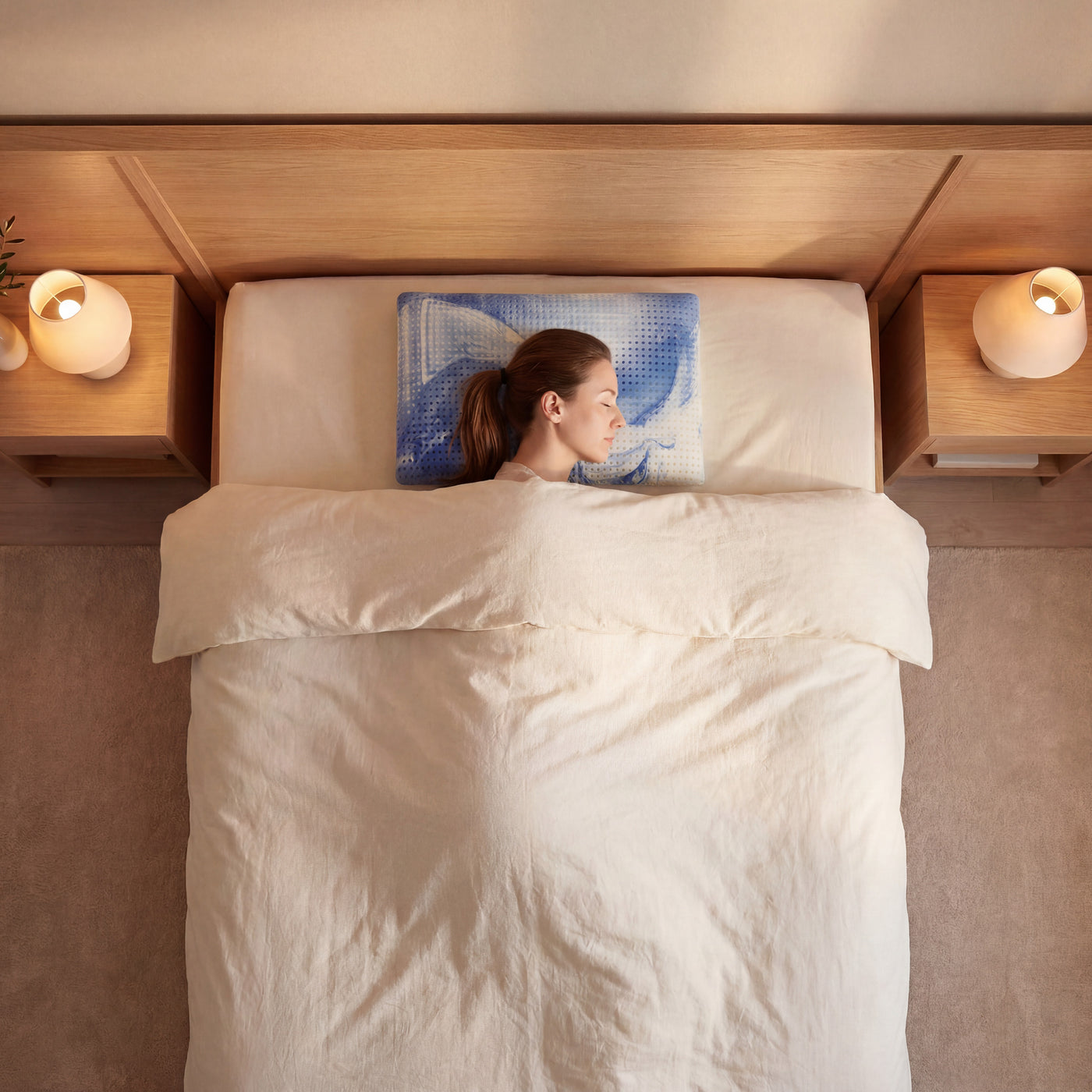 Blaues Schlafzauberkissen Chromatherapie im gemachten Bett, Draufsicht