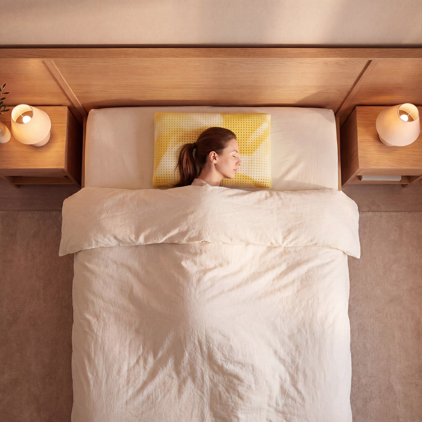 Gelbes Schlafzauberkissen Chromatherapie im gemachten Bett, Draufsicht