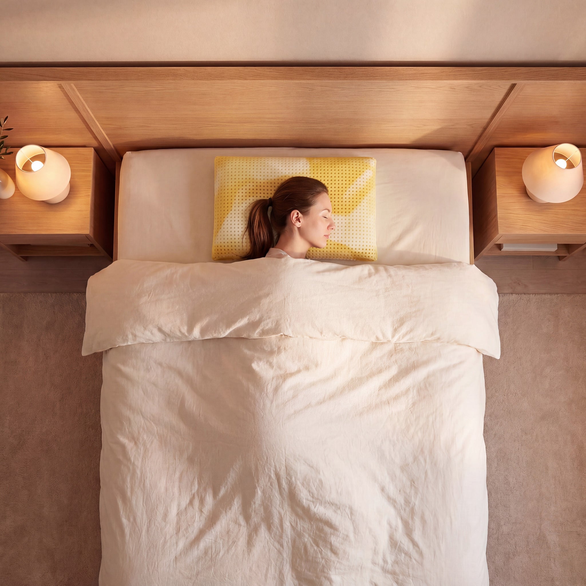 Gelbes Schlafzauberkissen Chromatherapie im gemachten Bett, Draufsicht