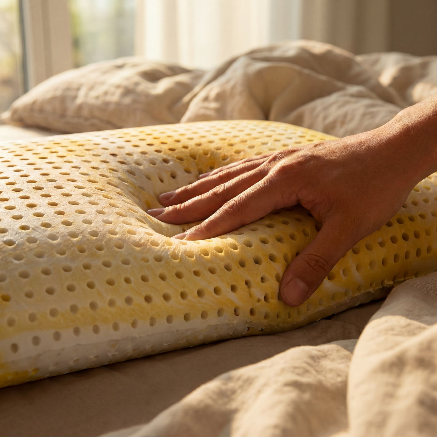 Hand-Drucktest auf gelbem Schlafzauberkissen Chromatherapie – sofortige Rückstellung