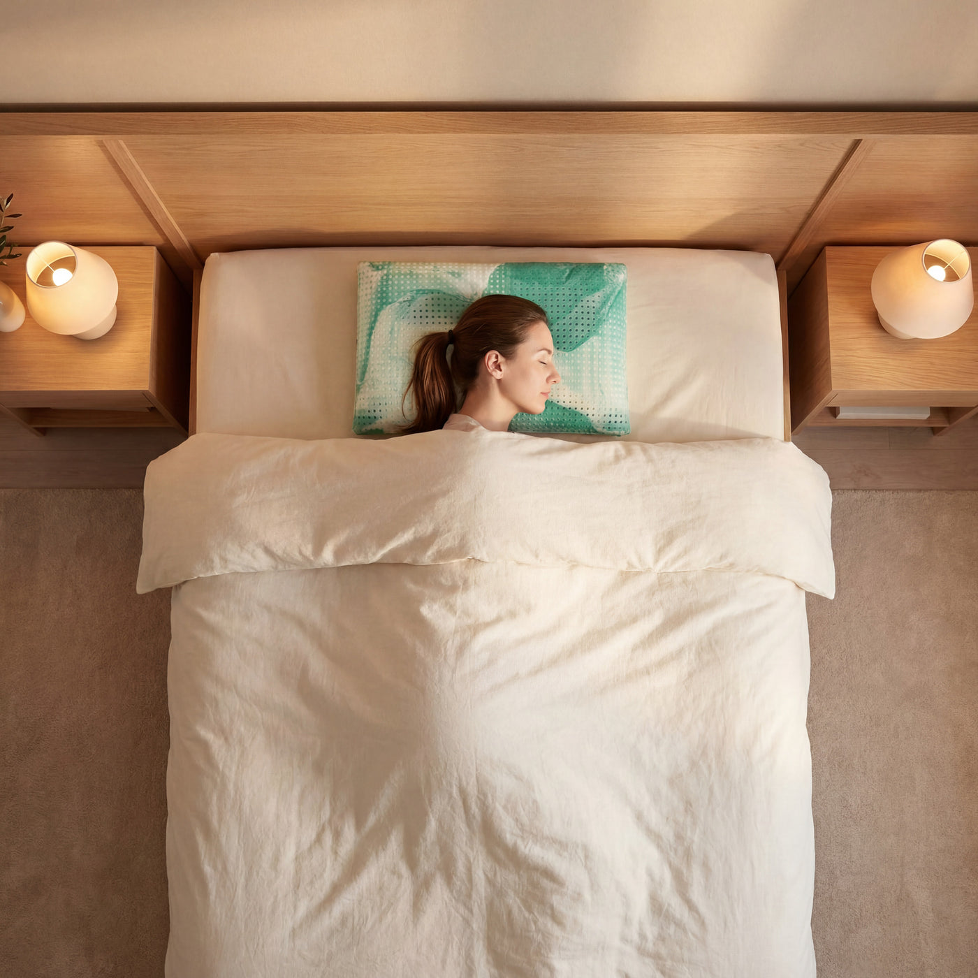 Grünes Schlafzauberkissen Chromatherapie im gemachten Bett, Draufsicht