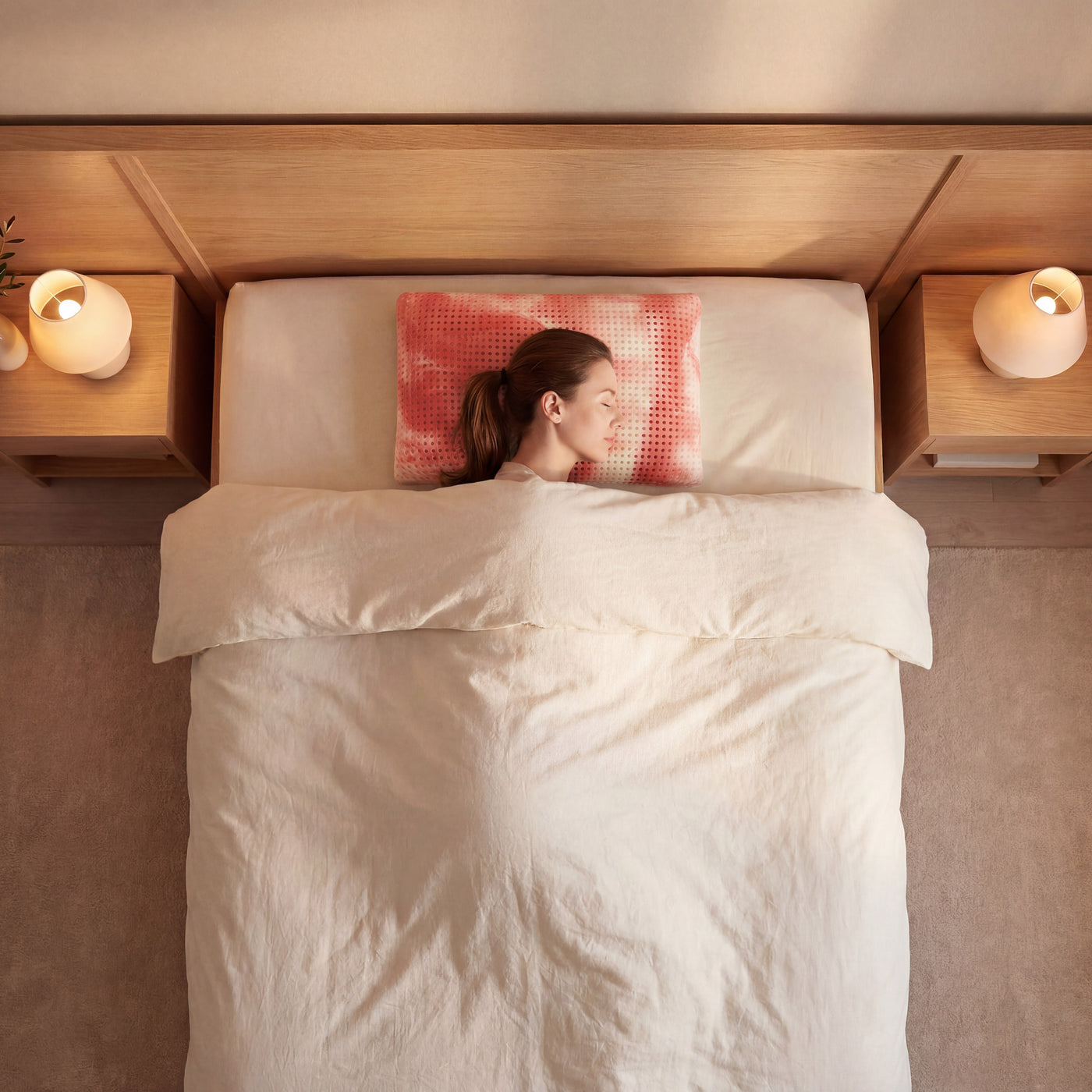 Rotes Schlafzauberkissen Chromatherapie im gemachten Bett, Draufsicht