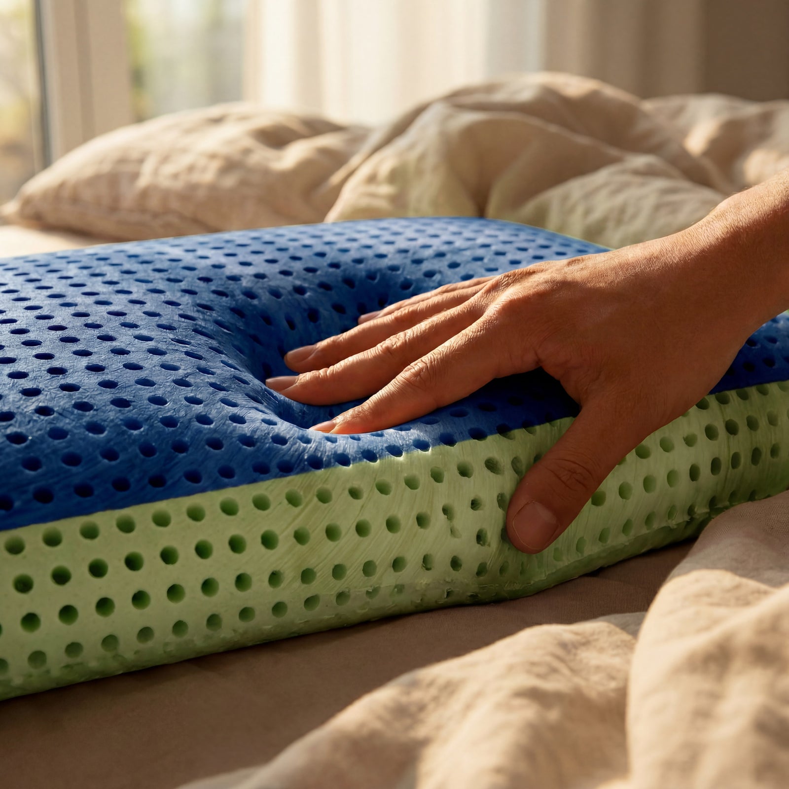 Hand drückt in das Schlafzauberkissen Classic – perforierter Schaum mit sofortiger Rückstellung