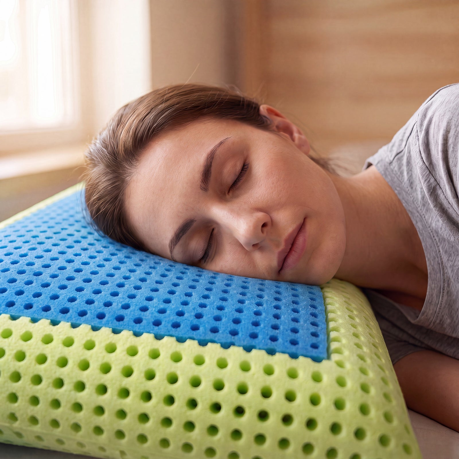 Frau schläft als Seitenschläferin auf dem Schlafzauberkissen Classic im Bett